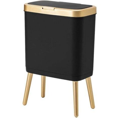 Poubelle avec couvercle, poubelle de salle de bain noire avec bord doré, poubelle moderne étroite avec pieds, poubelle fine pour salle de bain, 4 gallons