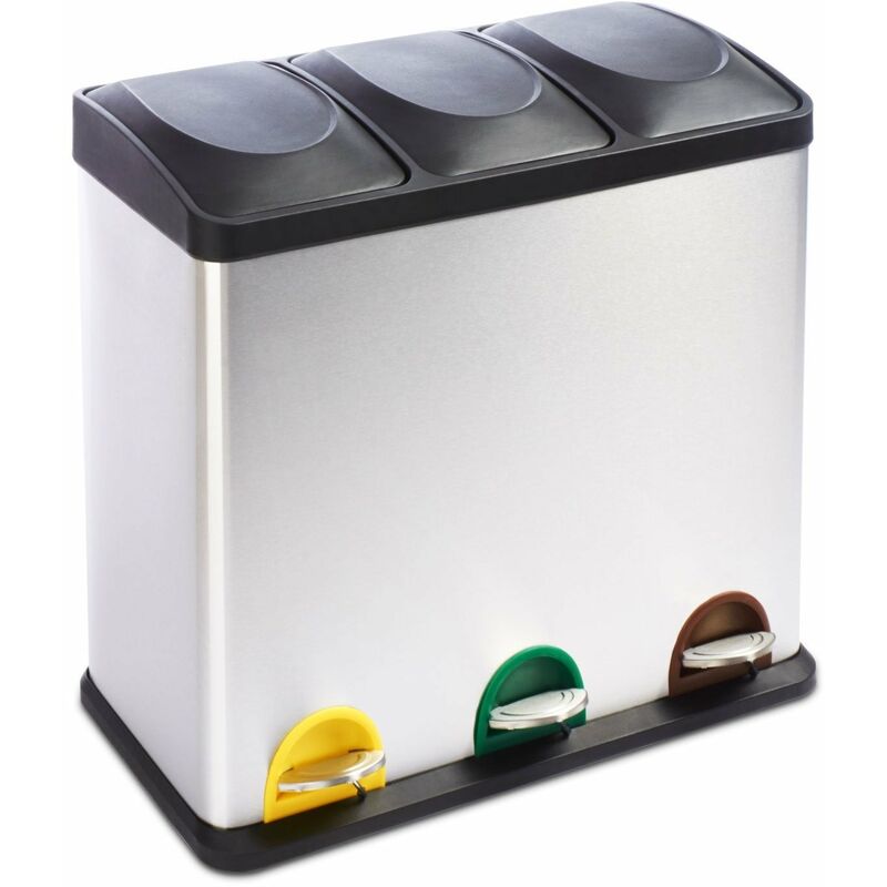 Casa Pura - Poubelle tri sélectif Brandon, Poubelle tri sélectif à pédale, Acier inoxydable, 3 bacs, 54 Litres