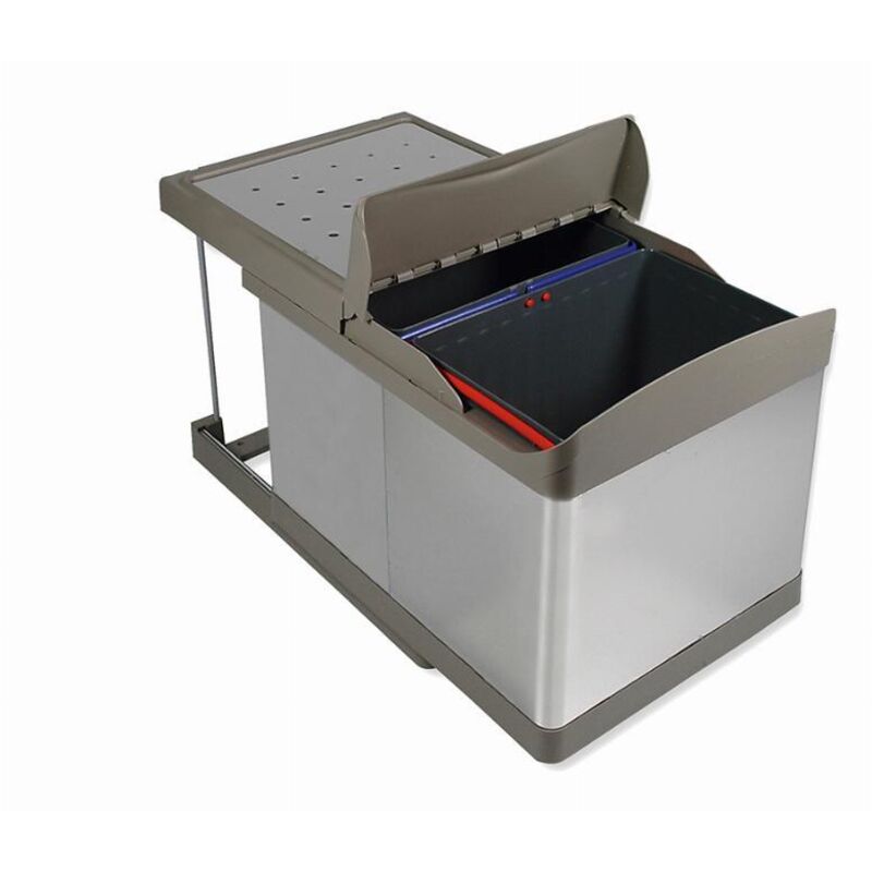 Bac de tri sélectif à fixation inférieure et extraction automatique dans module de cuisine 2x16litres, Plastique et acier inoxydable - Emuca