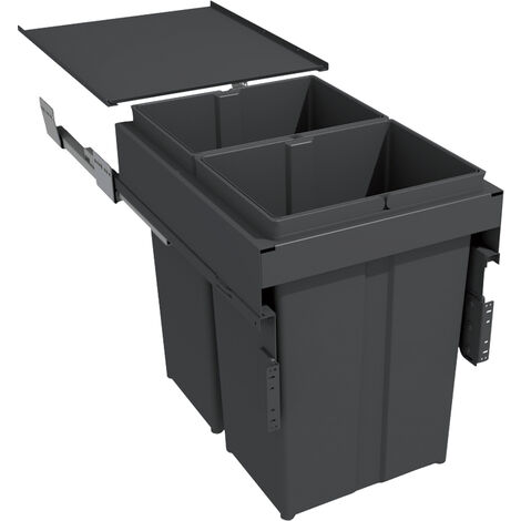 Poubelle coulissante suspendue 58L avec 2 seaux – Amortisseur intégré – Hauteur 485 mm – Largeur 362 mm – Métal et PP – Décor anthracite – Gollinucci
