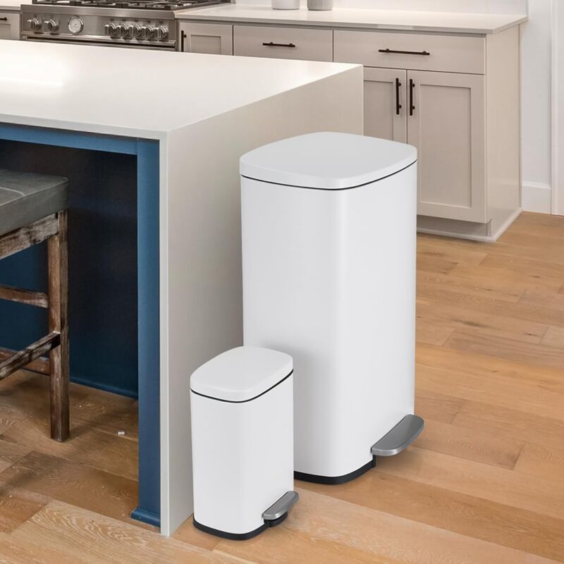 Poubelle Cuisine 50 Litres + 5 Litres, Poubelle à Pédale avec Couvercle à Fermeture Silencieuse,Poubelles en Acier- Blanc