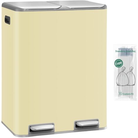 Poubelle Cuisine, 60L (2 x 30 L), Poubelle Tri Selectif 2, Poubelles Tri avec Pédale Acier Inoxydable, Ilencieux et retombe lentement, avec 15 Sacs Poubelles, pour Cuisine, Beige