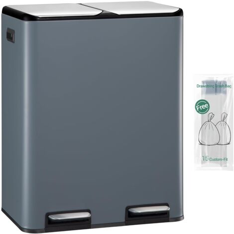 Poubelle Cuisine, 60L (2 x 30 L), Poubelle Tri Selectif 2, Poubelles Tri avec Pédale Acier Inoxydable, Ilencieux et retombe lentement, avec 15 Sacs Poubelles, pour Cuisine, Gris