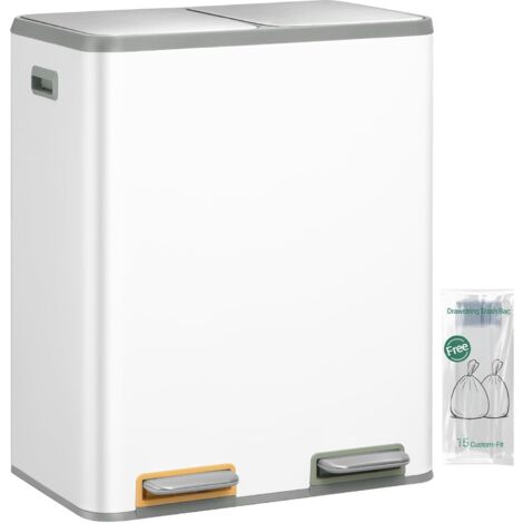 Poubelle Cuisine, 60L (2 x 30L), Poubelle Tri Selectif 2, Poubelles Tri avec Pédales à code couleur, Ilencieux et retombe lentement, avec 15 Sacs Poubelles, pour Cuisine, Blanc
