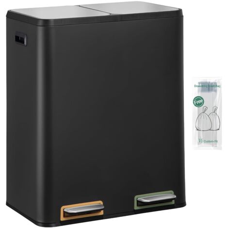 Poubelle Cuisine, 60L (2 x 30L), Poubelle Tri Selectif 2, Poubelles Tri avec Pédales à code couleur, Ilencieux et retombe lentement, avec 15 Sacs Poubelles, pour Cuisine, Noir