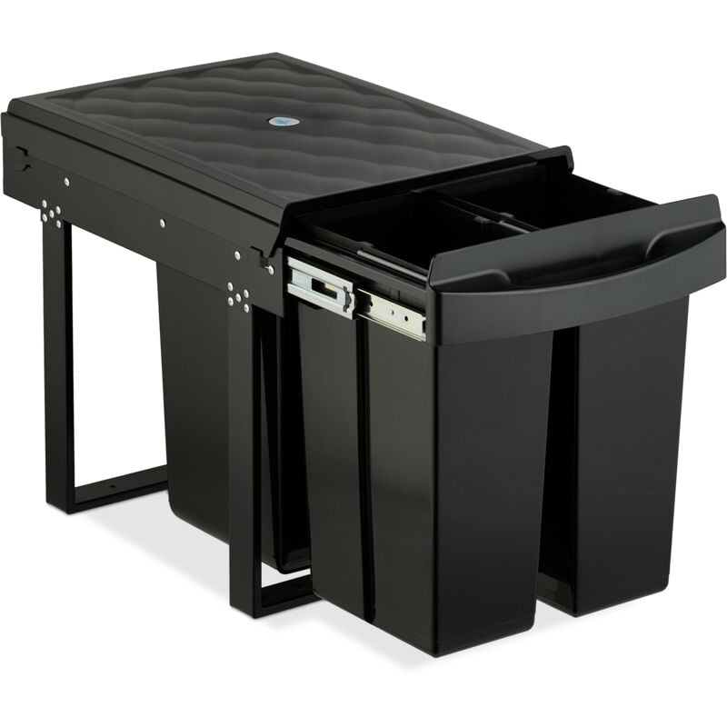 Poubelle encastrable pour la cuisine, 3 bacs, 20 litres et 10 litres, hlp : 41,3 x 34 x 51,8 cm, noire - Relaxdays