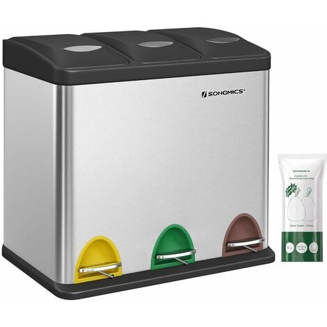 Poubelle Cuisine, Poubelle de Tri 3 x 8L, avec Couvercles, Poubelle Triple en Acier pour Les Petites Familles, Pédales et Seaux, Facile à Nettoyer, Argent
