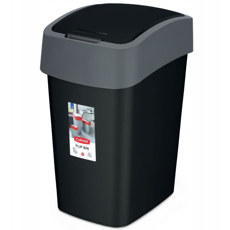 Poubelle Flip Bin 45L, Noir / Argent, Inside Refuse, 29,4x37,6x65,3 cm - Curver