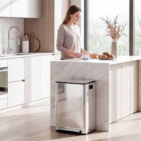 Poubelle de cuisine 2 compartiments de 2 x 30L. avec pédale. en acier inoxydable. couvercle à fermeture douce