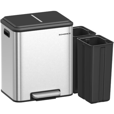Poubelle de Cuisine, 2 x 15 L Poubelle Double pour le Recyclage et les Déchets Ménagers, Benne à Ordures, Seaux Intérieurs, Acier, Fermeture Douce, Pédale, Argent