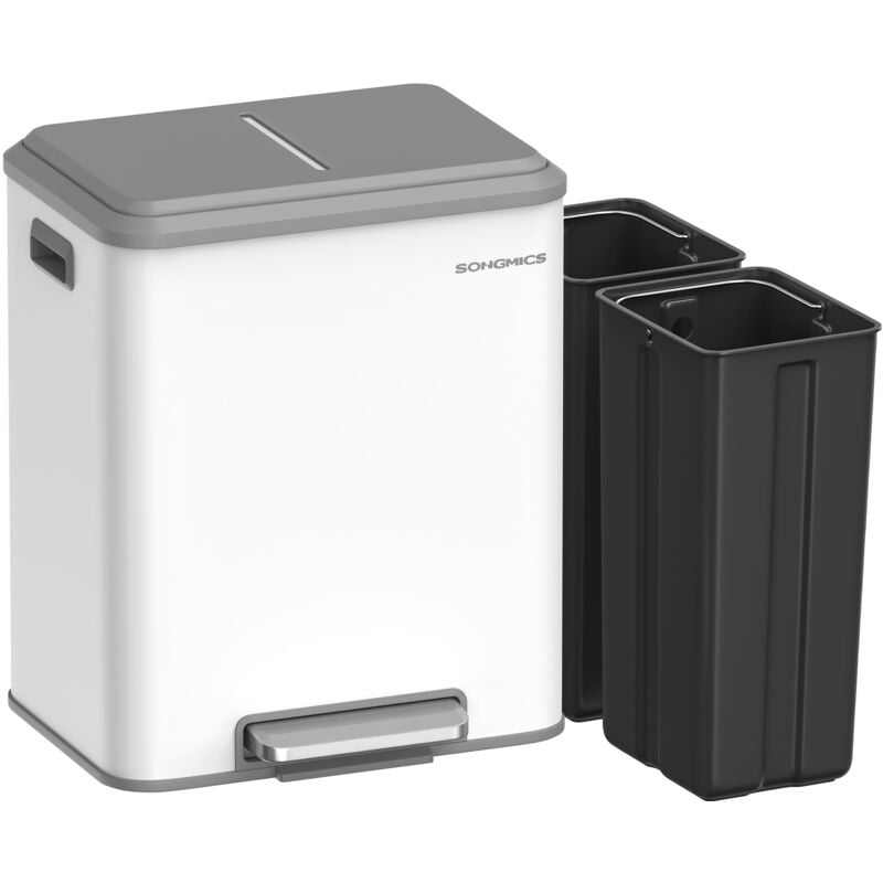 Songmics - Poubelle de Cuisine, 2 x 15 l Poubelle Double pour le Recyclage et les Déchets Ménagers, Benne à Ordures, Seaux Intérieurs, Acier,