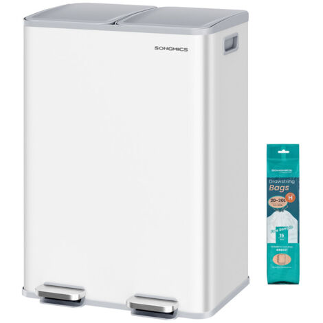 Poubelle de Cuisine, 2 x 30 L, 2 Compartiments, Poubelle à Pédale, Couvercle à Fermeture Douce, avec Seaux Intérieurs, Acier, 15 Sacs Poubelle Inclus, Blanc Mat