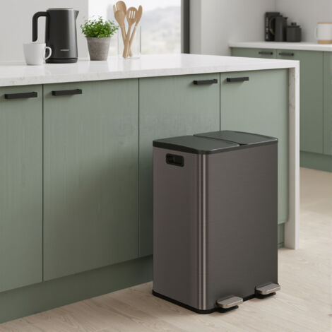 Poubelle de Cuisine, 2 x 30 Litres, 2 Compartiments, Poubelle à Pédale, Couvercle à Fermeture Douce, Acier Inoxydable, Gris