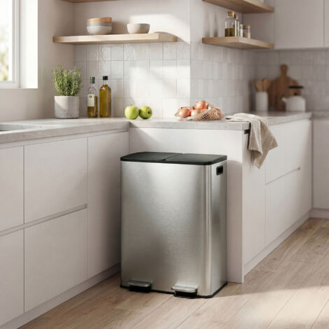 Poubelle de Cuisine, 2 x 30 Litres, 2 Compartiments, Poubelle à Pédale, Couvercle à Fermeture Douce, Inox, Argent