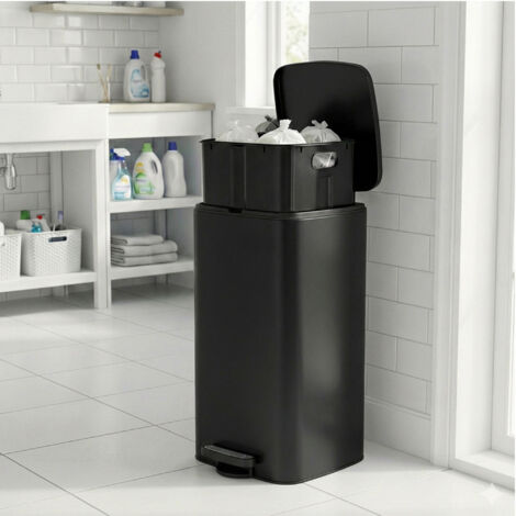 Poubelle de cuisine, 30 litres, poubelle à pédale, en acier, avec seau intérieur, fermeture douce, noir