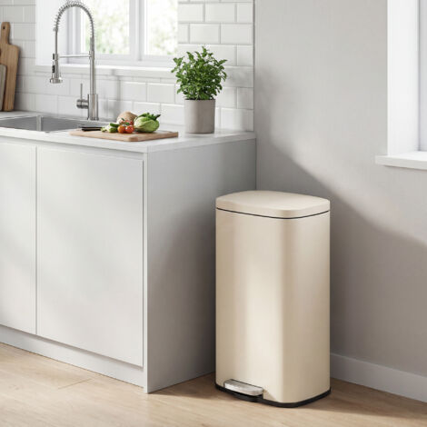 Poubelle de cuisine, 30 litres, poubelle, poubelle à pédale avec couvercle à fermeture douce et seau intérieur, acier, beige