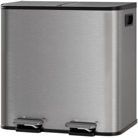 Poubelle de cuisine 30L en inox – 2 compartiments 15L, pédale, couvercle à fermeture douce, tri des déchets efficace, Gris