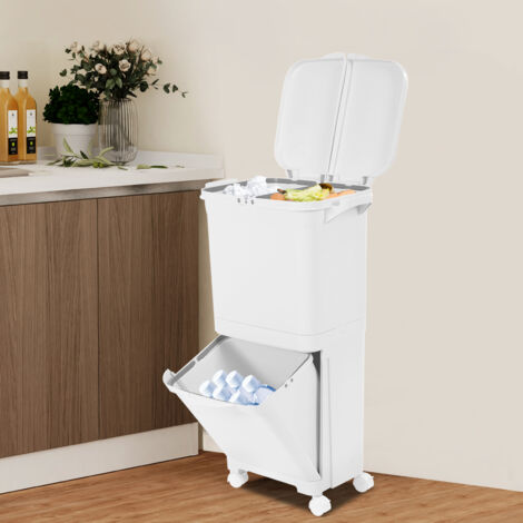 Poubelle de cuisine 45 L avec couvercle, poubelle de tri à double couche de grande capacité avec seau intérieur amovible, poubelle verticale avec tiroir et porte-mouchoirs, conteneur à déchets avec ro