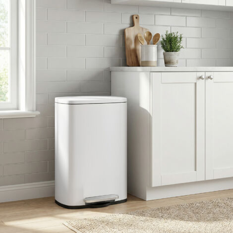 Poubelle de cuisine 50 L, poubelle à pédale avec seau intérieur, fermeture douce, acier, pour cuisine, blanc