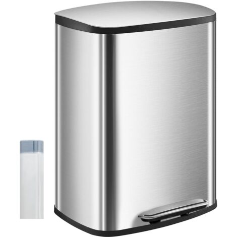Poubelle de Cuisine 50L, Poubelle à Pédale en Acier, avec Couvercle à Fermeture en Douceur, Seau Intérieur, avec 15 Sacs Poubelles, Fermeture Douce et Maintien en Ouverture, Argent