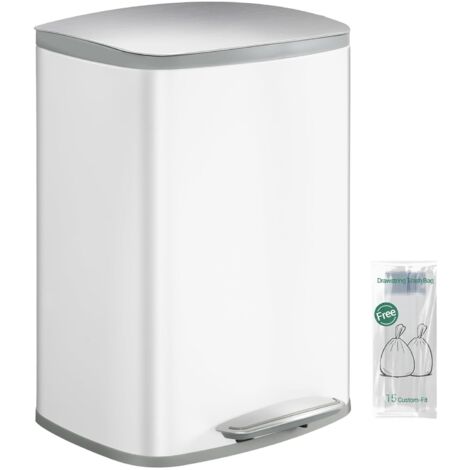 Poubelle de Cuisine 50L, Poubelle à Pédale en Acier, avec Couvercle à Fermeture en Douceur, Seau Intérieur, avec 15 Sacs Poubelles, Fermeture Douce et Maintien en Ouverture, Blanc