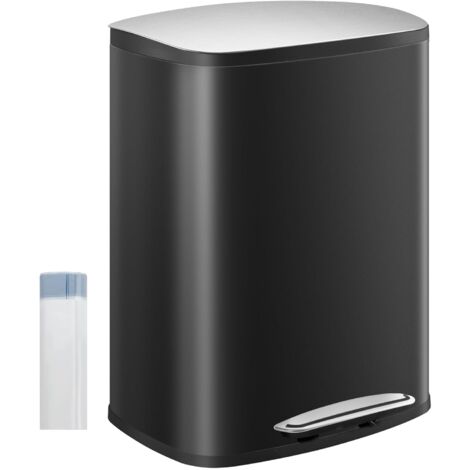 Poubelle de Cuisine 50L, Poubelle à Pédale en Acier, avec Couvercle à Fermeture en Douceur, Seau Intérieur, avec 15 Sacs Poubelles, Fermeture Douce et Maintien en Ouverture, Noir