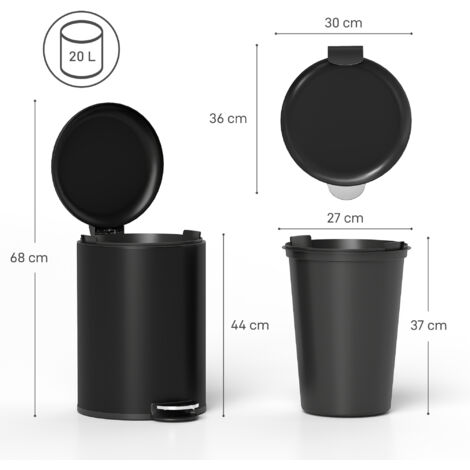 Poubelle de cuisine de 20 litres, en métal anti-traces de doigts, avec couvercle à fermeture douce, pédale et bac intérieur amovible, noire.