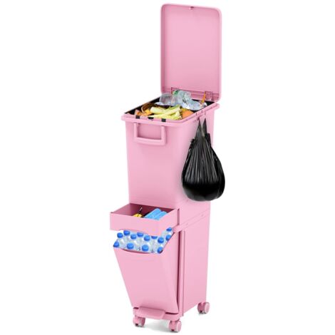 Poubelle de cuisine de 32 litres avec 3 compartiments, 1 tiroir, à pédale et 4 roues, facile à ouvrir (rose, 32 l)