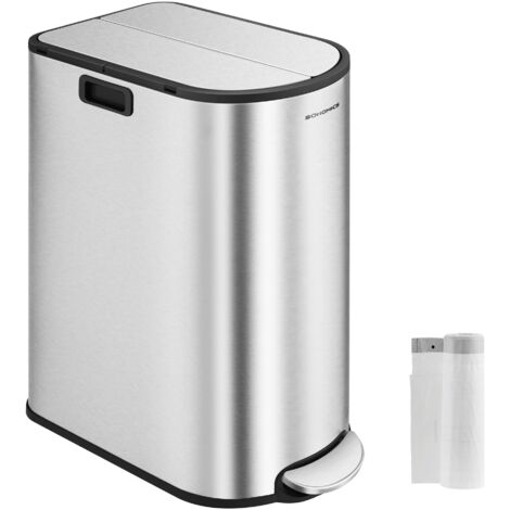 Poubelle de cuisine double 30 litres et 20 litres mince 2 compartiments pour tri et recyclage des déchets avec pédale et couvercles gris