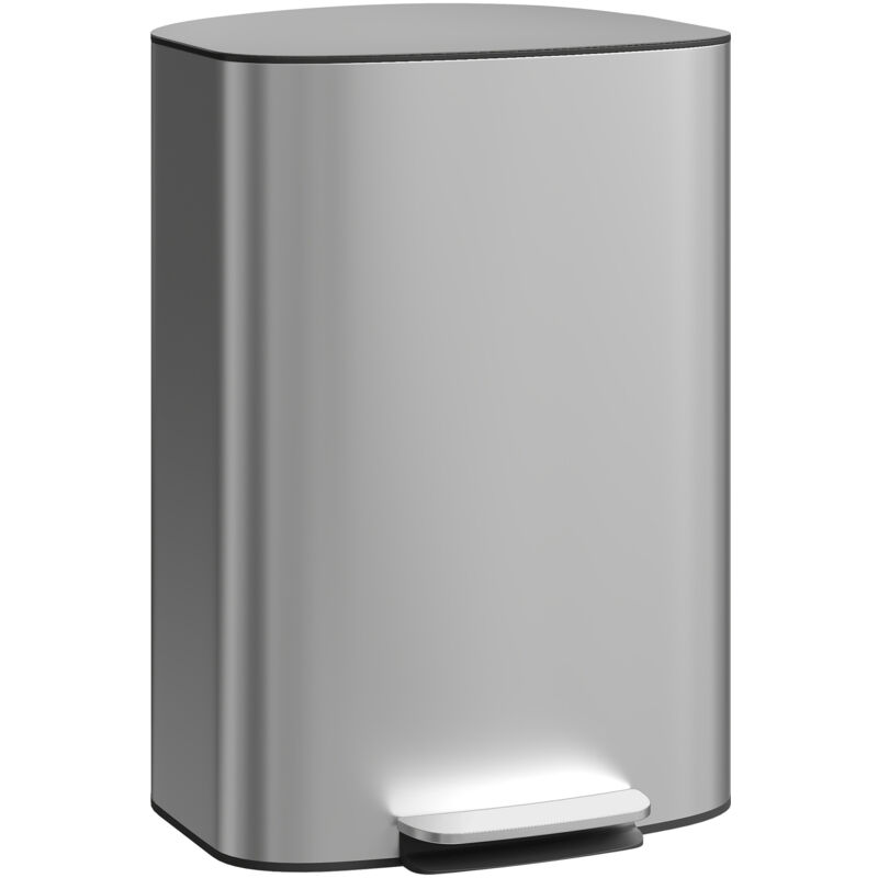 HOMCOM Cubo de basura para cocina 50L, cubo de basura con pedal de acero inoxidable, cubo interior extraíble, cierre suave y tapa abierta, filtro antiolores, asas, antihuellas, gris