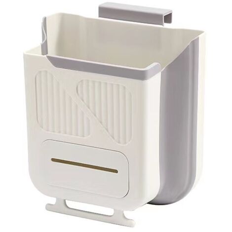 Poubelle de cuisine pliable à suspendre avec support fixe, adaptée à la cuisine 7L, blanc cassé