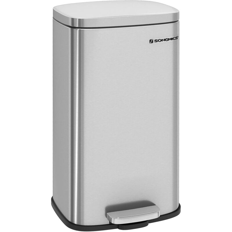 Poubelle Cuisine 30L, Poubelle à Pédale, avec Couvercle à Fermeture en Douceur, Seau Intérieur, en Acier, Argent - Songmics