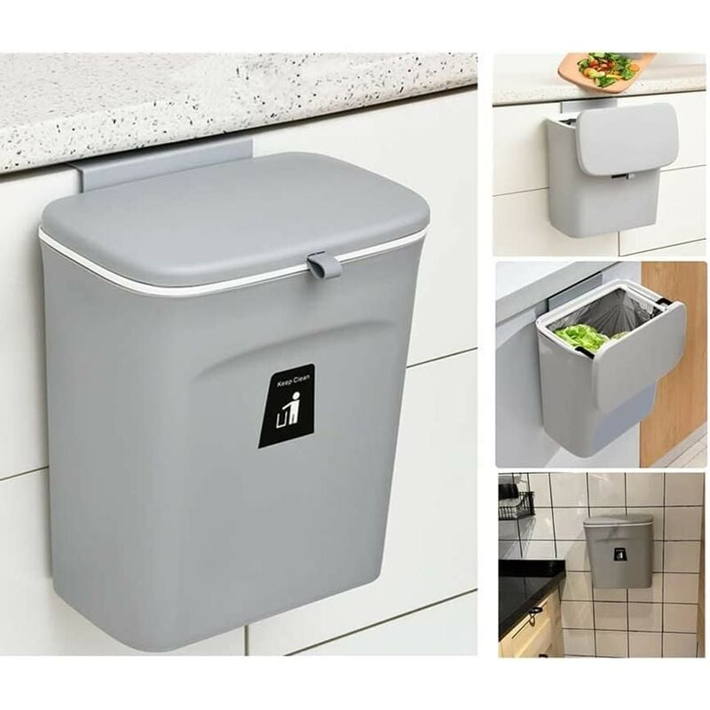 Kinsi - Poubelle de cuisine- Poubelle de 9 l, petite poubelle suspendue avec couvercle pour la salle de bain/chambre,(gris)