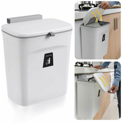 Poubelle de cuisine suspendue avec couvercle, poubelles de placard pour porte d'armoire de cuisine, poubelles sous évier, poubelle pour chambre salle de bain bureau camping-car 9L (blanc)