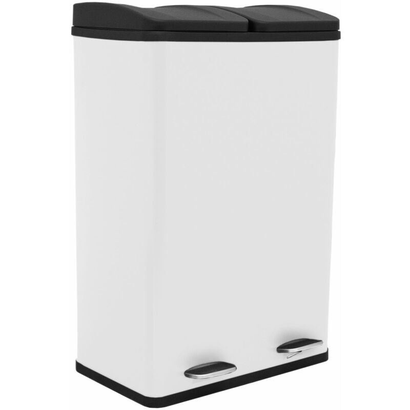 Monster-shop - Poubelle à Pédale Recyclage 2 en 1 Blanche 60L Métallique Poubelle de Cuisine à Double Compartiment 2 x 30L Poubelle Double Eco Large