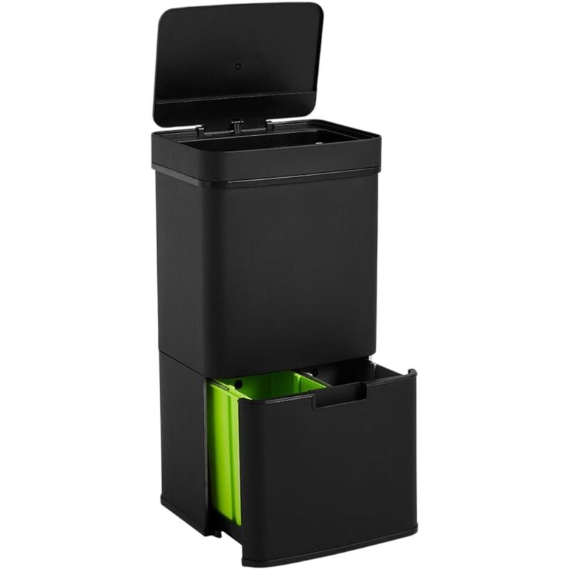 Well home Poubelle de tri 62L (37L+25L), poubelle à 2 compartiments, ouverture automatique avec capteur, en inox, noir