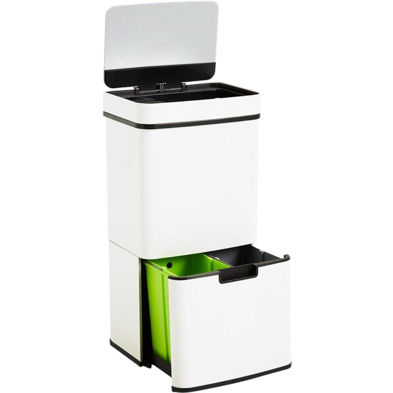 Well home Poubelle de tri 62L (37L+25L), poubelle à 2 compartiments, ouverture automatique avec capteur, en inox, blanc
