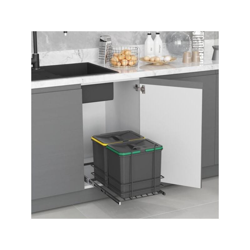Poubelle de recyclage Recycle pour cuisine, 2 x 16 l, fixation par le bas et extraction manuelle, Plastique gris antracite - talla - Emuca
