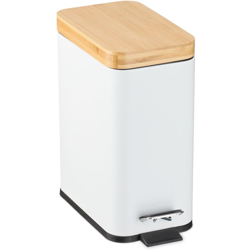 Poubelle de salle de bain, 5 litres, en métal, seau intérieur amovible, couvercle en bambou, blanche - Relaxdays