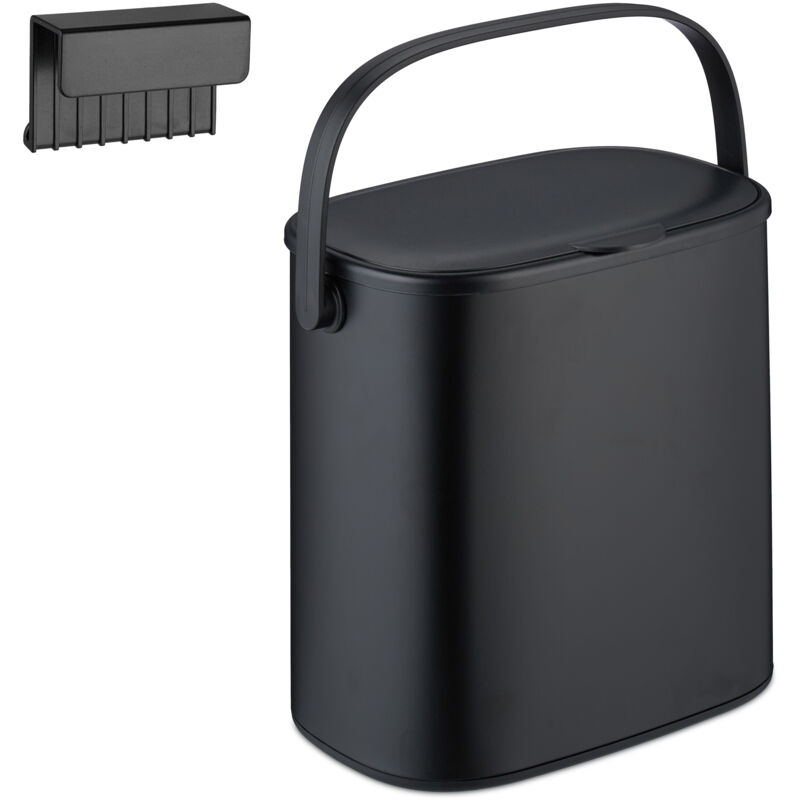 Poubelle de salle de bain à suspendre, 5 litres, couvercle amovible et poignée, cuisine, wc, noire - Relaxdays