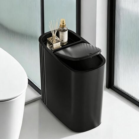 Poubelle de salle de bain avec couvercle, petite poubelle étroite en plastique à poussoir, adaptée aux pièces, chambres, cuisines, toilettes et bureaux (noir)