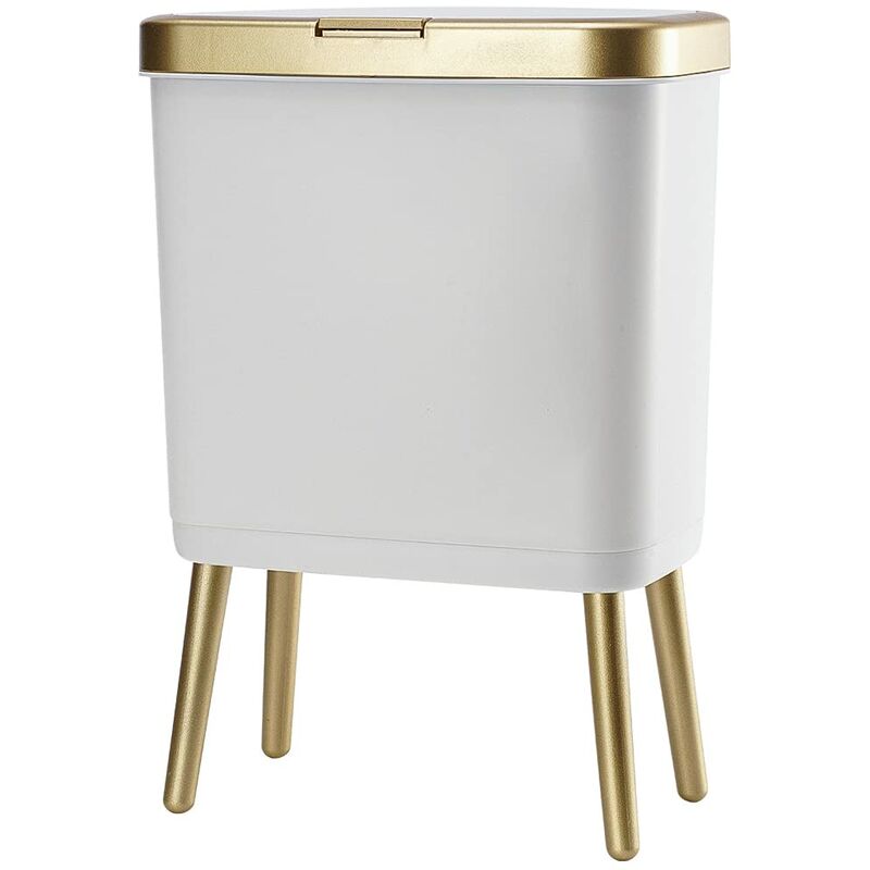 Poubelle de salle de bain avec couvercle, poubelle en plastique avec couvercle, poubelle dorée de 4 gallons avec bouton, poubelle blanche étroite