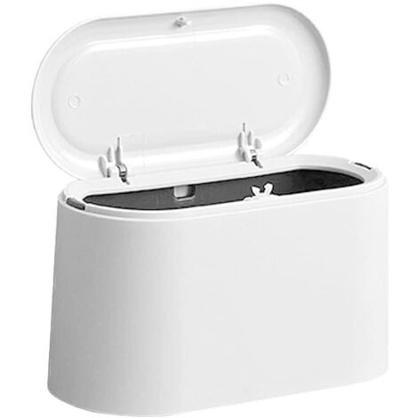 Poubelle de table avec couvercle, mini poubelle cosmétique 1,5 L, petite poubelle en plastique pour salle de bain et cuisine, poubelle/poubelle à bouton-poussoir (blanche)