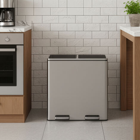 Poubelle de Tri 60 L avec 2 Compartiments, Seaux Intérieurs Amovibles, Pédales, Cuisine, Sacs Inclus, Argent et Noir