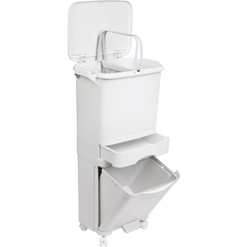 Poubelle de tri sélectif 42L triple compartiment (24L + 4L + 14L) avec pédale, roulettes et poignée.