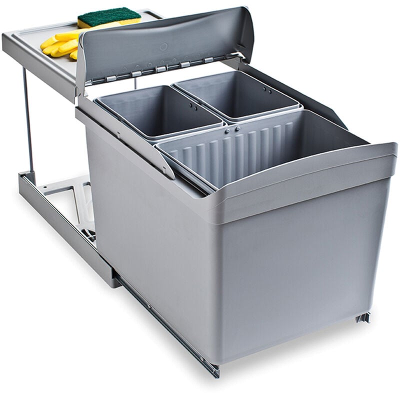 Emuca - Poubelle de recyclage pour fixation inférieure et extraction automatique dans caisson de cuisine 1x16litres 2x7,5litres, Plastique gris - Gris