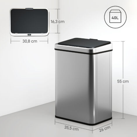 Poubelle en acier inoxydable de 40 L avec couvercle à fermeture amortie, détecteur de mouvement, 35,5 x 26 x 55 cm, argent
