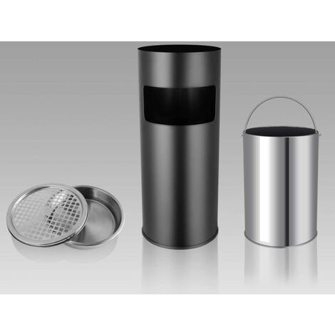Poubelle en acier inoxydable et peinture noire cendrier supérieur grande capacité hôtel à domicile centre commercial espace fumeur public rond vertical 25×25×60 cm