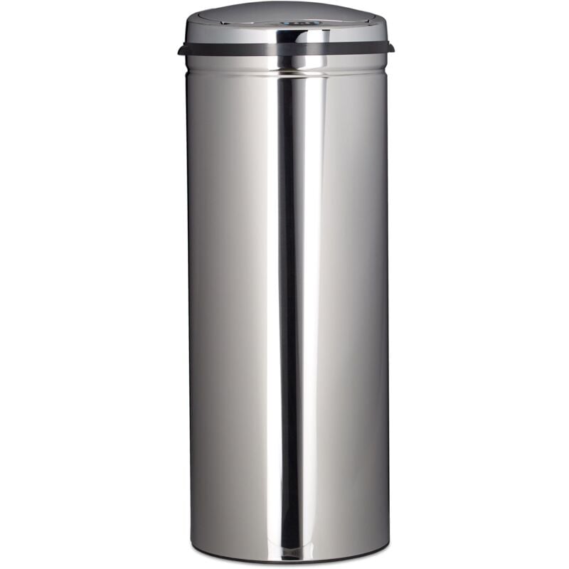 Poubelle cuisine en inox 50 litres bac à ordures en métal 80 cm de hauteur 30 cm de diamètre couvercle rond, argenté
