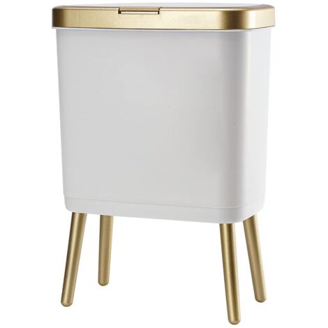 Poubelle en plastique, poubelle dorée de 4 gallons avec bouton poussoir, corbeille à déchets blanche étroite pour chambre à coucher, salle de bain, salon, bureau